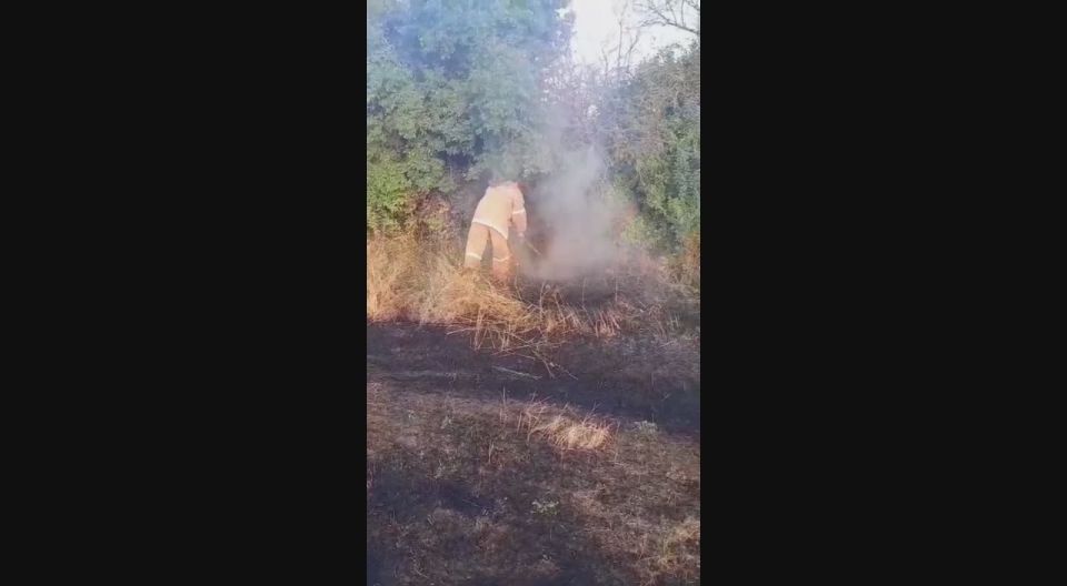 На приграничной территории близ села Арцеу Цхинвальского района на большой площади горит сухостой и тюки сена
