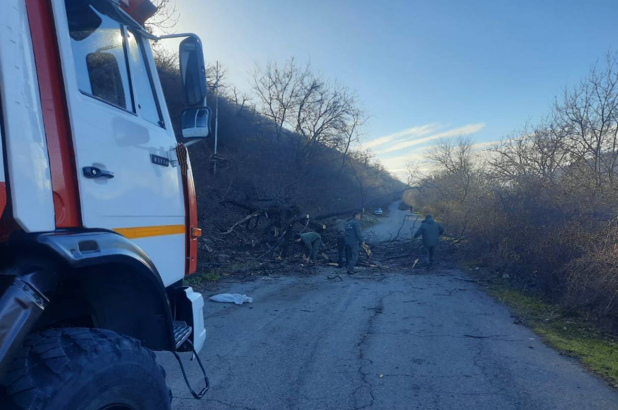 Сотрудники 5-й пожарно-спасательной части МЧС Южной Осетии ликвидировали последствия сильного ветра в селе Раздахан Ленингорского района, убрав с дороги упавшее дерево